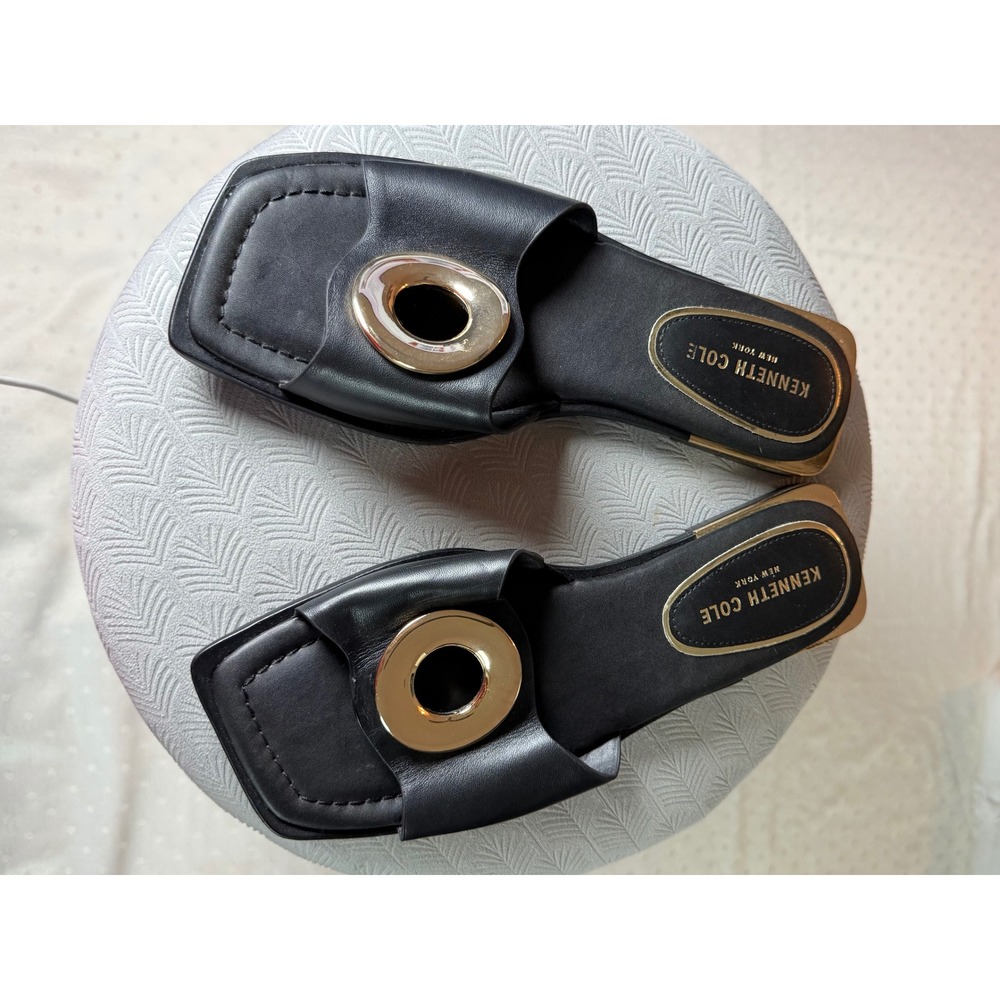 Kenneth Cole New York Black Leather Gold Hardware Square Toe Slide Sandals 8.5